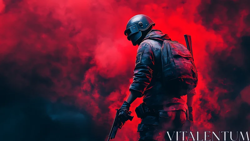 Armed tactical soldier in red atmospheric smoke field.