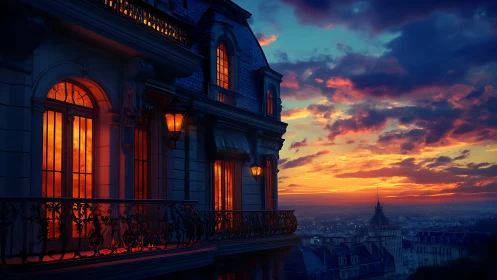 Cozy balcony glow against a dreamy city sunset sky.