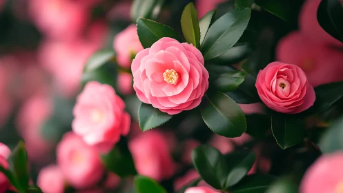 Layered Pink Camellia Blooms with Golden Stamen Against Deep Foliage.