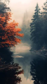 Autumn river cuts through misty forest under soft dawn light.