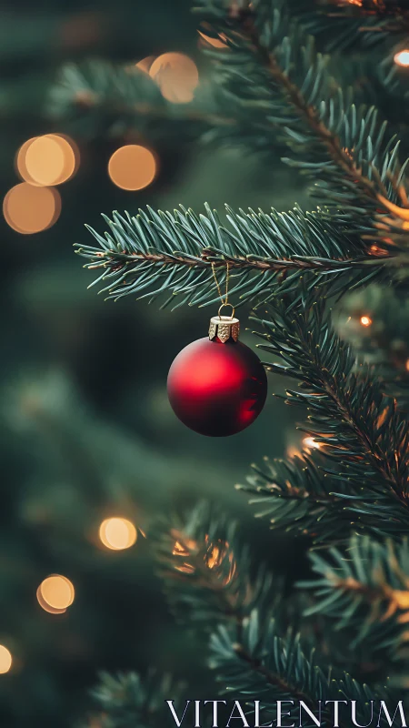 Red matte bauble on evergreen branch with warm bokeh lights