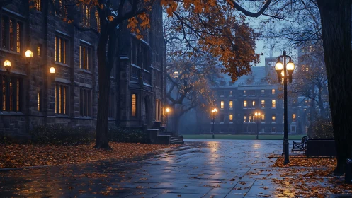 Quiet autumn campus glows with warm lamplight at dusk