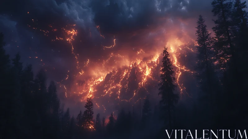 Raging Wildfire Sweeps Through Forested Mountain Valley at Night