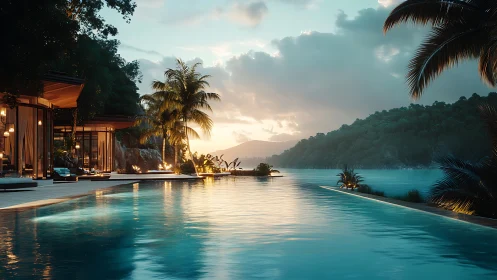 Sunset infinity pool retreat by a tranquil tropical bay.