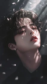 Ethereal male portrait under dappled light with falling petals.