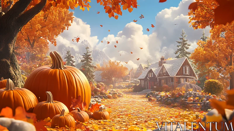 Golden pumpkins lining an autumn cottage mountain path.