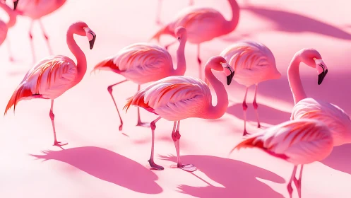 Pink flamingo flock on minimal monochrome ground.