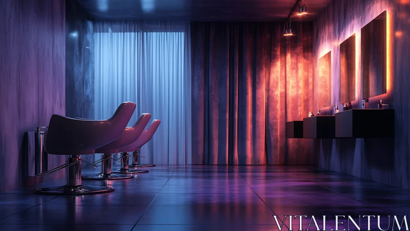 Futuristic salon interior with neon accent lighting and chrome chairs.