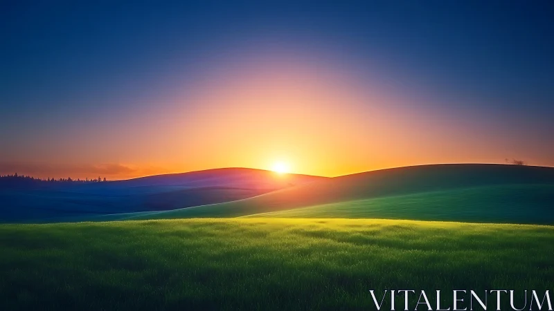 Sunrise glows over rolling hills in luminous green fields.