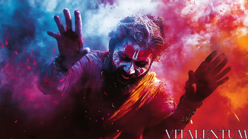 Man in colored powder cloud with painted face celebrates.