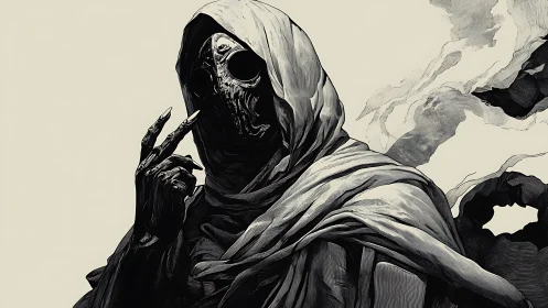 Mysterious hooded figure pauses in swirling shadowed smoke
