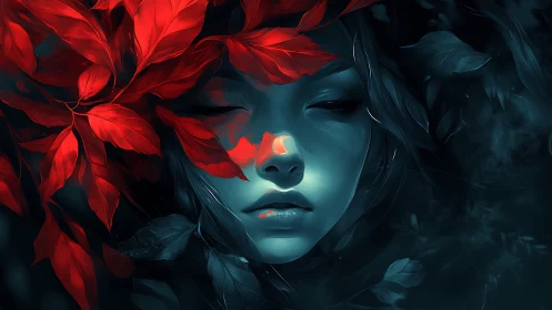 Digital portrait shows closed-eyed face framed by red foliage