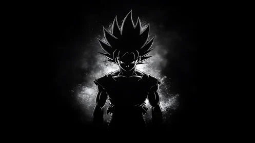 Silhouetted spiky-haired warrior stands in glowing white aura.
