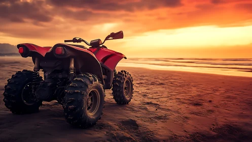 Four wheeled all terrain vehicle on wet coastal sand.