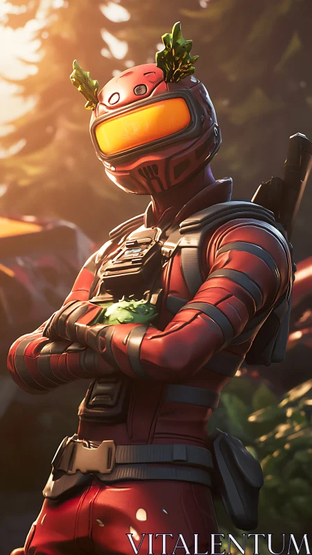 Red sci-fi ranger with visor stands in glowing forest