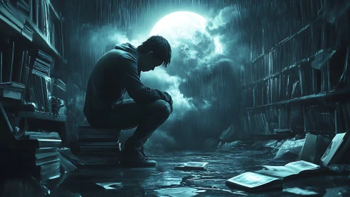 Solitary reader in moonlit flooded library at night.