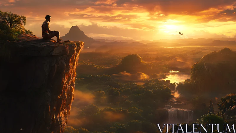 Solitary traveler watches radiant sunset over vast jungle.