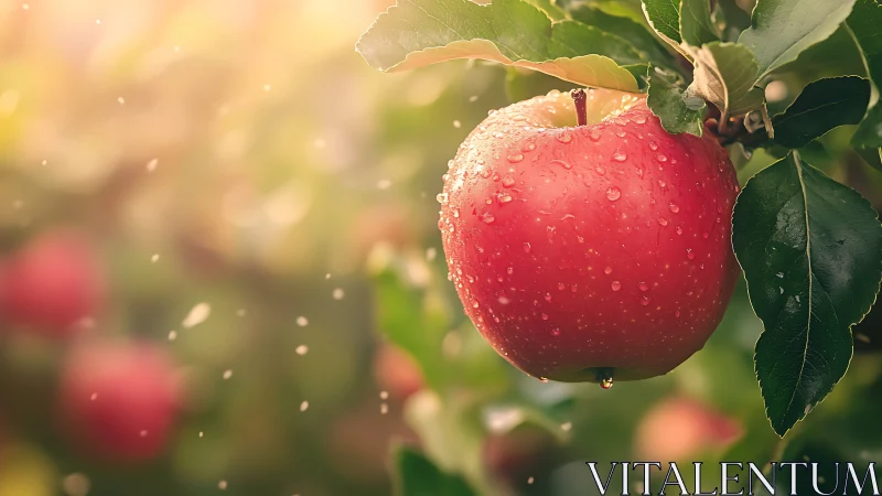 Sunlit orchard raindrops crown a ruby apple with sparkle