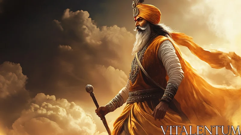 Warrior saint strides through blazing storm clouds