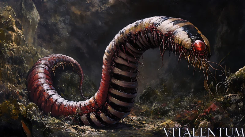 Giant segmented worm-like creature coils in a rocky cavern
