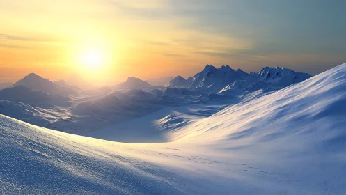 Golden sunrise over peaceful snow covered mountain slopes.