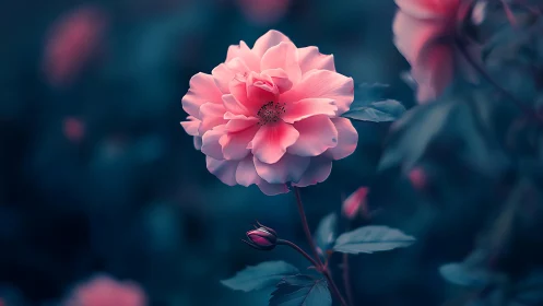 Radiant Pink Bloom Glows Against Moody Teal Garden