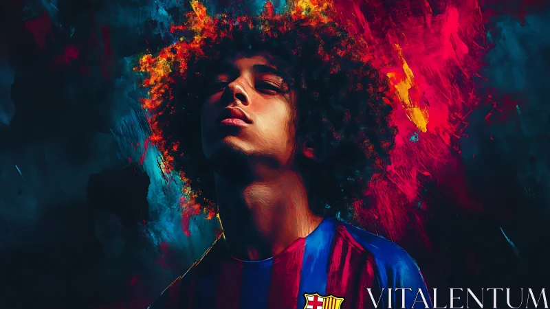 Defiant young footballer rises amid blazing abstract colors