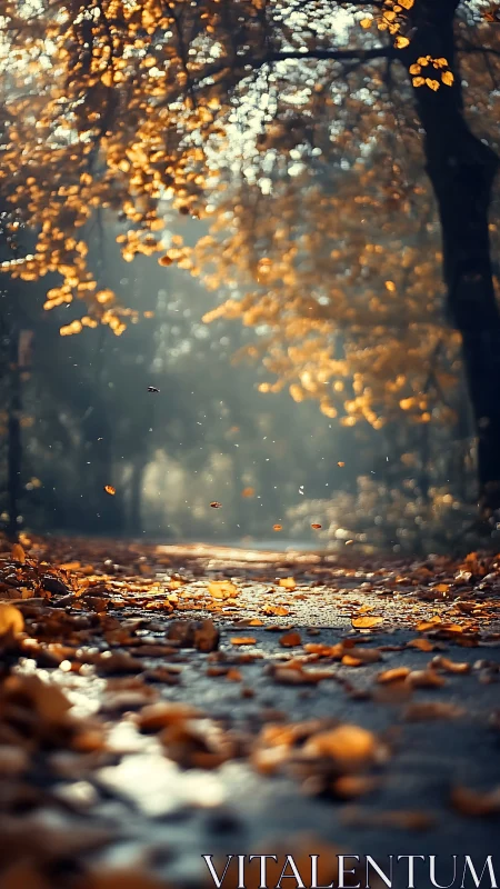 Golden autumn leaves drift along a quiet, misty pathway