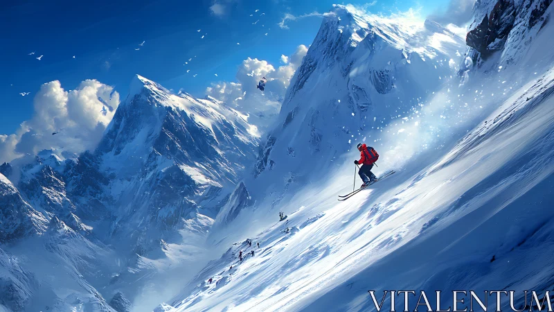 Lone skier carving a fast descent down bright alpine slope.