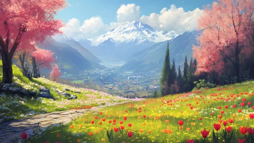 Spring valley path beneath blooming trees and snowy peaks.