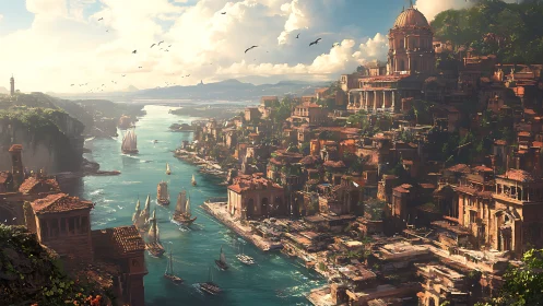 Sunlit terraced harbor city with neoclassical dome and dense masonry