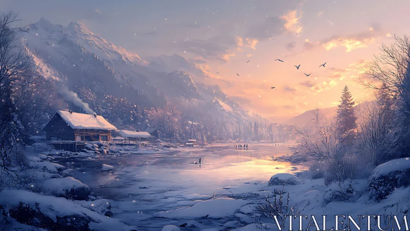 Snowbound lakeside cabin under glowing alpine sunset.