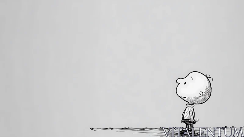 Minimalist ink cartoon boy isolated against expansive negative space