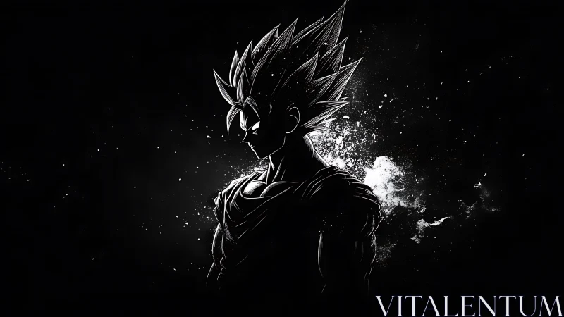 Monochrome anime warrior silhouette with splatter chiaroscuro.