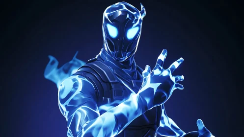 Neon cyber hero channels radiant blue energy aura power