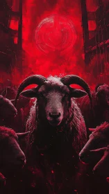Ominous ram leader under blood-red apocalyptic sky.