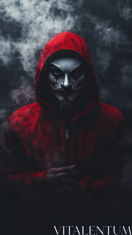 Masked figure in red hoodie surrounded by dark smoke.