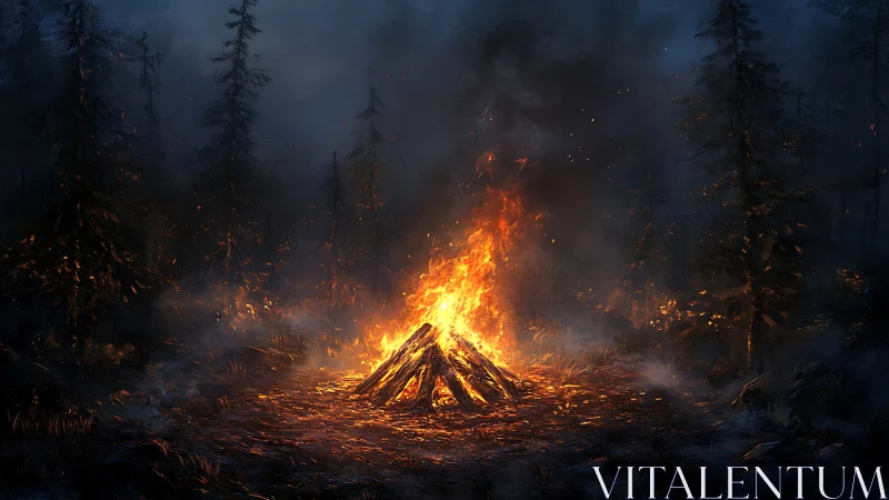 Bonfire Engulfed in Flames Within Misty Coniferous Forest.