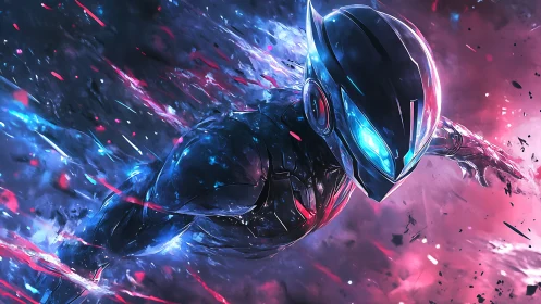 Cyborg warrior surges through neon energy vortex in flight