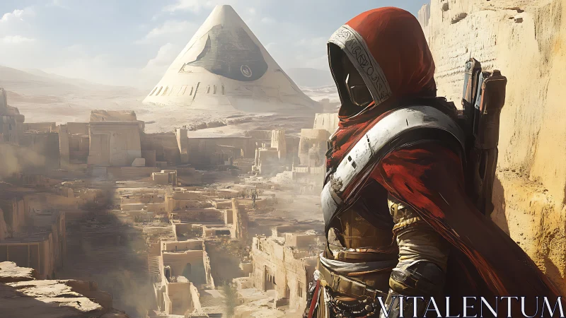 Hooded armored figure surveys desert ruins and conical monolith