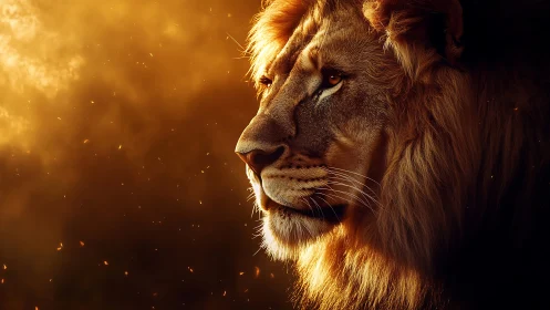 Golden light crowns a regal lion in a warm evening glow