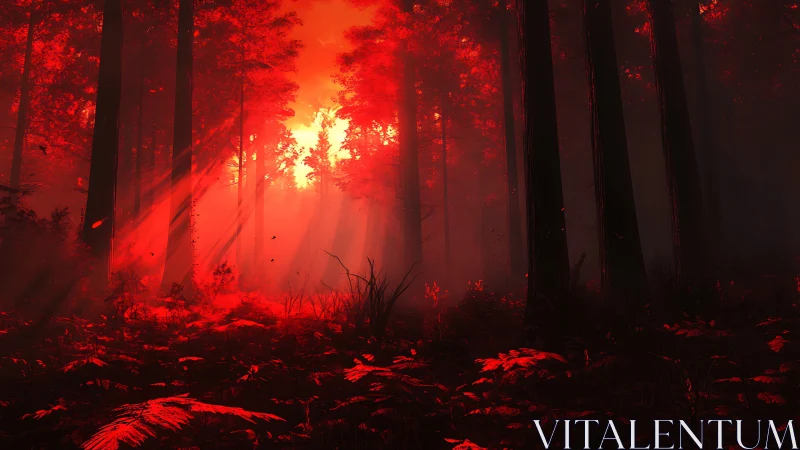 Red-illuminated forest interior shows strong directional light