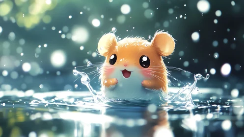 Cartoon hamster emerging from shallow reflective water surface.