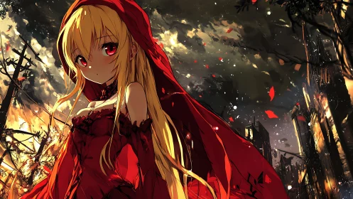 Crimson cloaked anime figure amid incendiary urban ruins.