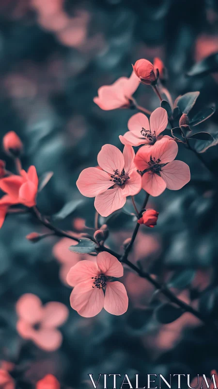 Coral Blossoms on Dark Foliage.