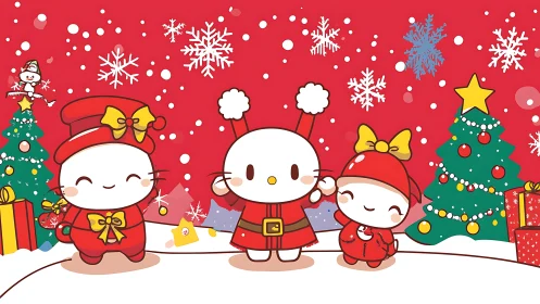 Cartoon characters stand before decorated Christmas trees