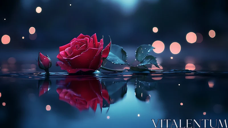 Red Rose with Water Droplets and Bokeh Lights