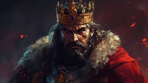 Regal medieval king portrait in fiery atmospheric lighting