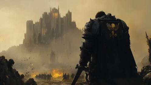 Armored warlord faces burning fortress under toxic sky.