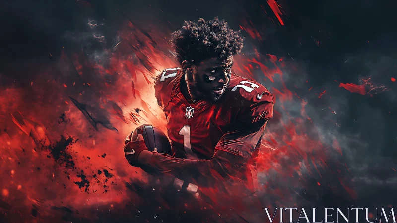 Football player in red uniform runs with ball through smoke